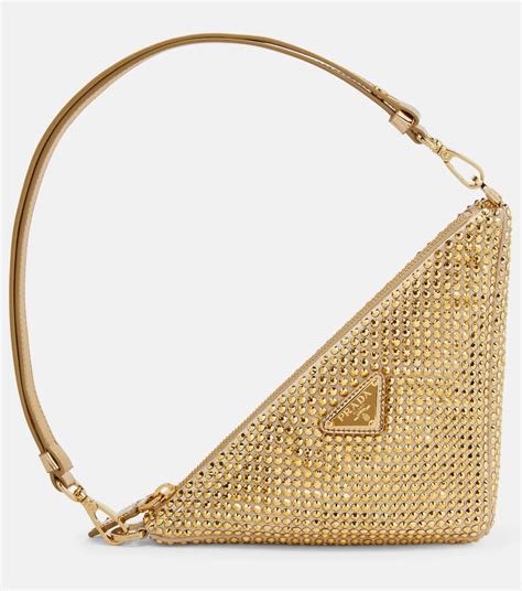 Triangle Mini embellished satin shoulder bag in gold 